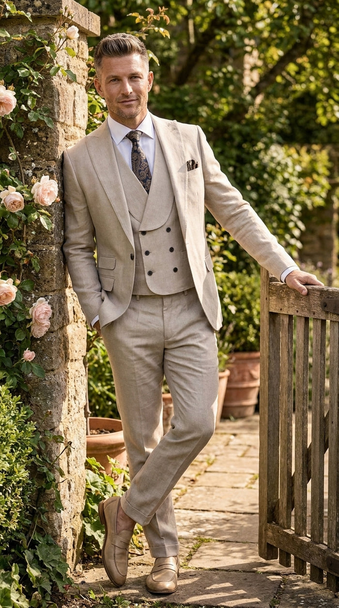 Statement Men’s Tan Wool Suit with Double Breasted Vest, Single Button Big Lapel Formal Dress Suit