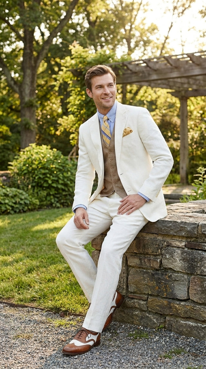 Men’s Ivory Great Gatsby Vested Suit with Brown Vest, Peak Lapel Vintage Wedding Suit