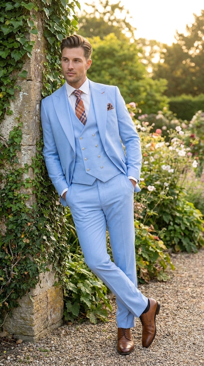 Statement Men’s Light Blue 3 Piece 100% Wool Fashion Suit, Bold Color Formal Wedding Suit