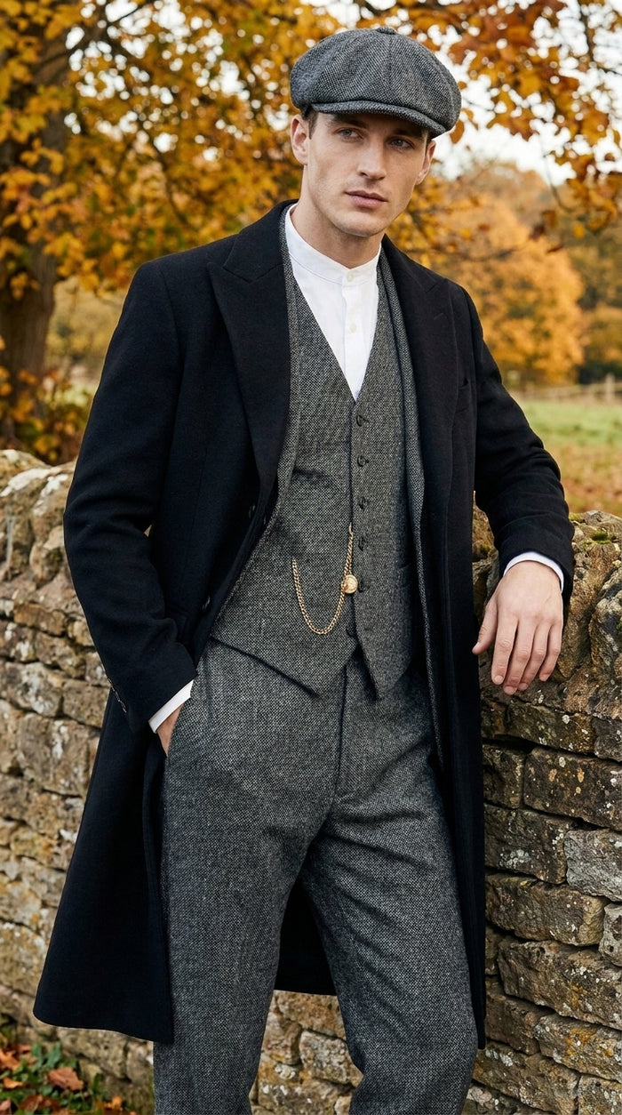 Men’s Grey Peaky Blinders 3 Piece Suit with Black Overcoat and Hat, Thomas Shelby Inspired Costume