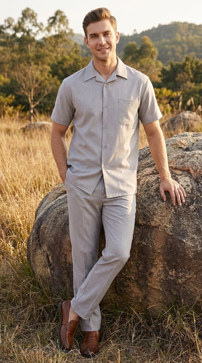 Men’s Light Grey 100% Linen Walking Suit, Short Sleeve Shirt and Pants Casual Leisure Set