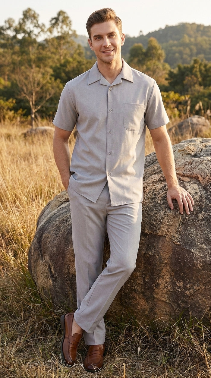 Men’s Light Grey 100% Linen Walking Suit, Short Sleeve Shirt and Pants Casual Leisure Set