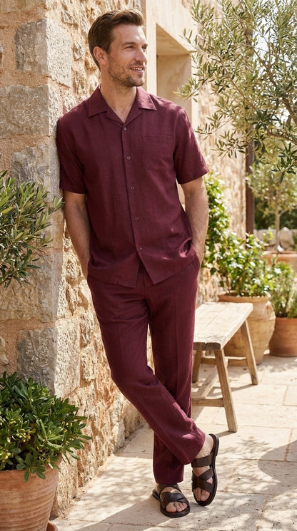 Men’s Burgundy Short Sleeve Walking Suit, Casual Summer Shirt and Pants Leisure Set