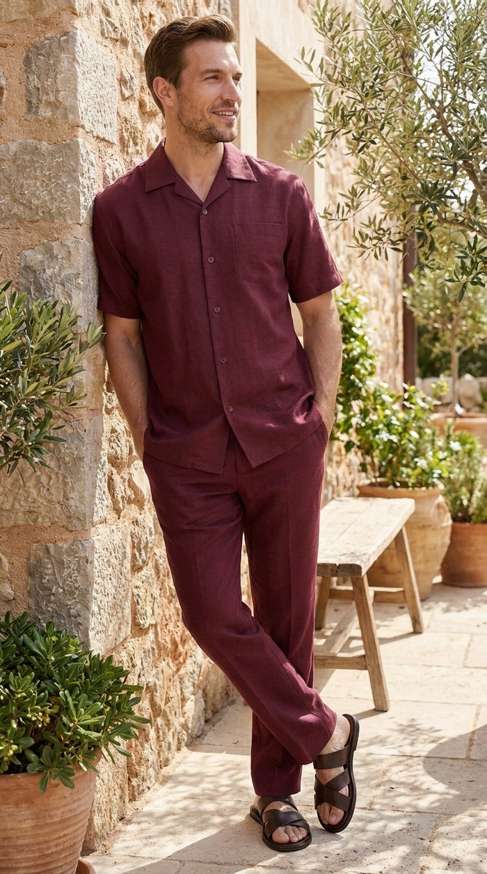 Men’s Burgundy Short Sleeve Walking Suit, Casual Summer Shirt and Pants Leisure Set