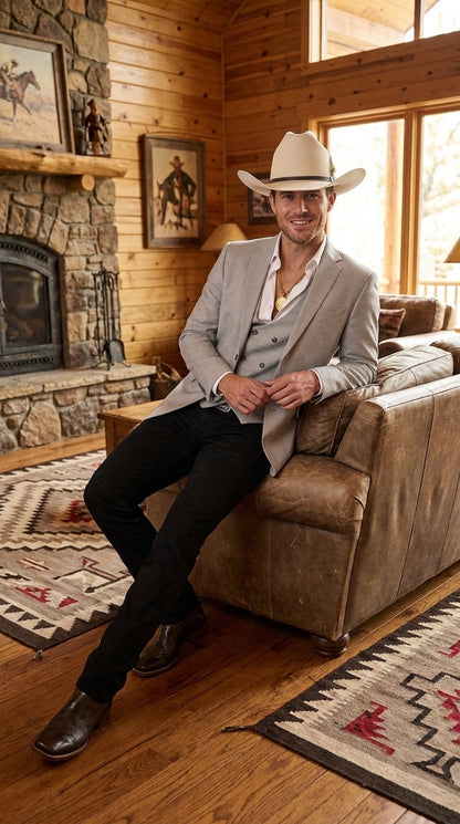Men’s Light Gray Western Suit Blazer with Double-Breasted Vest, Modern Cowboy Formal Jacket Outfit