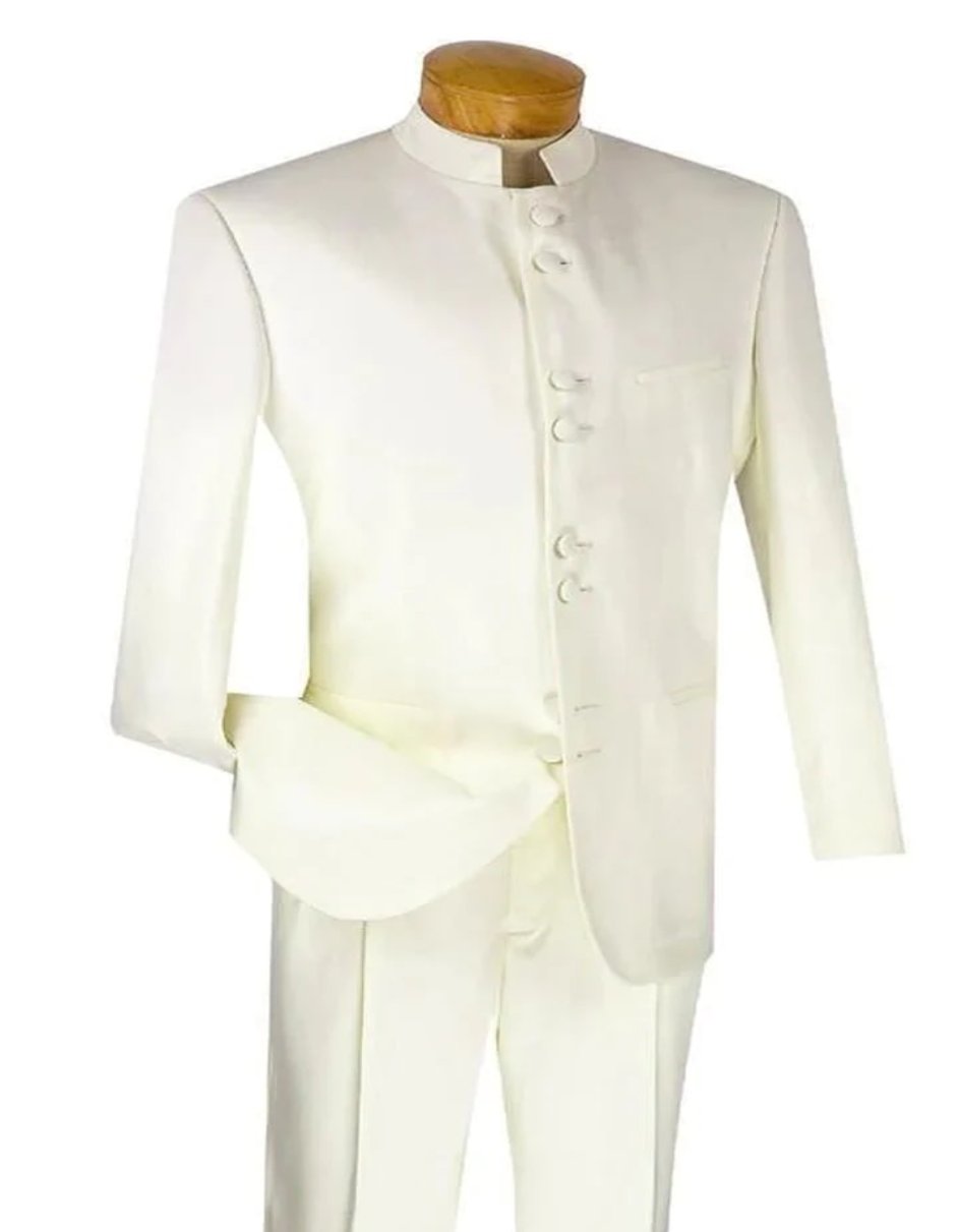 Pleated?ÿDress?ÿMen?ÿSuits - Mens Classic 8 Button Mandarin Ivory Collar Suit