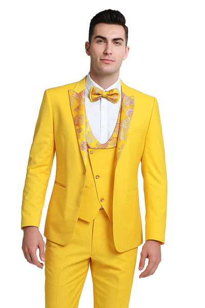 Radiant Golden Bloom Mens 3-Piece Suit with Floral Peak Lapel 1   - from alligatorwarehouse.com