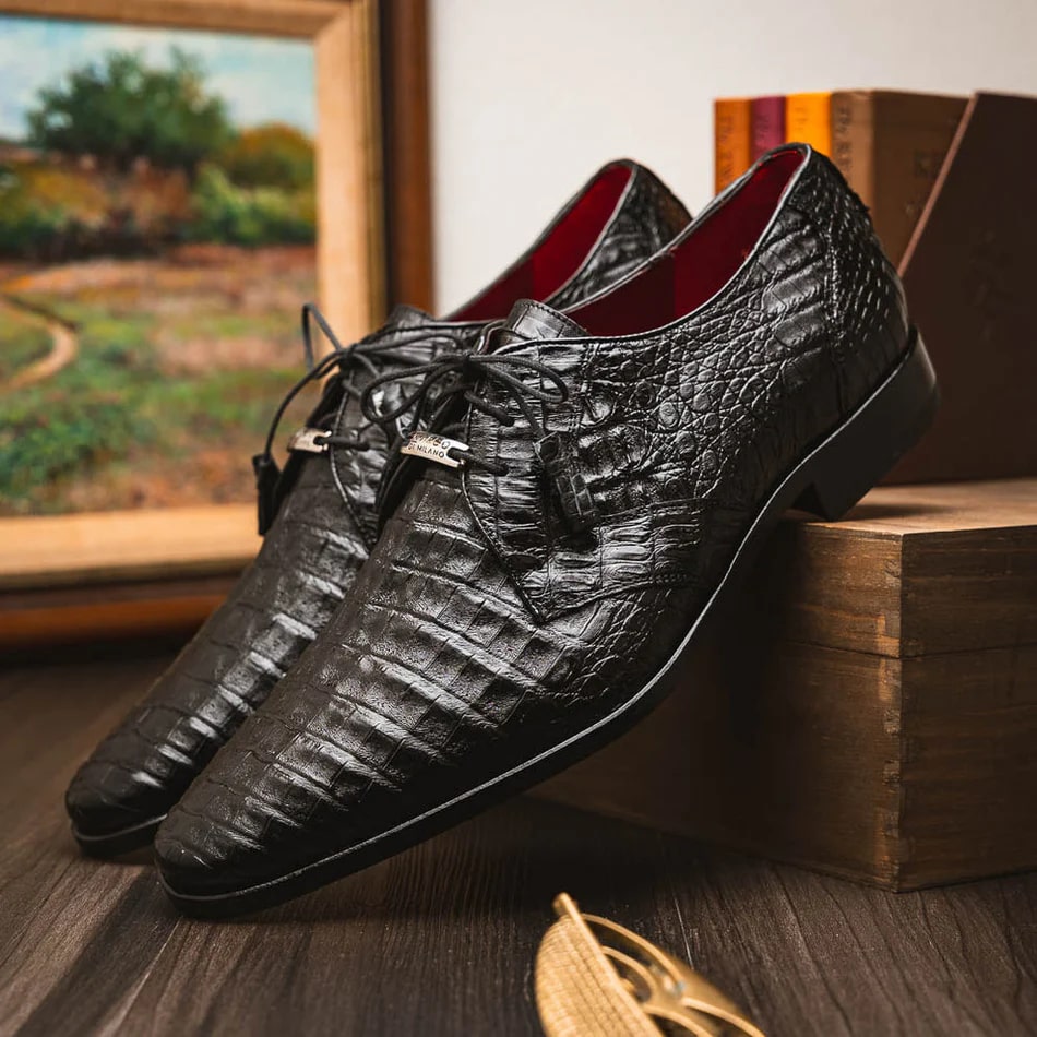 Marco Di Milano Lacio Men's Shoes Black Genuine Caiman Crocodile Dress Derby Oxfords