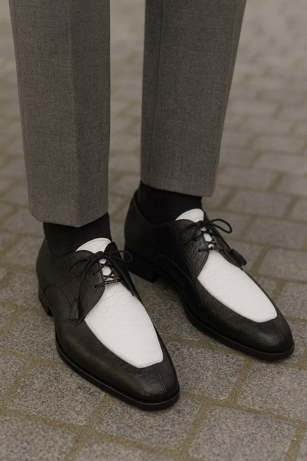 Marco Di Milano Andretti Black/White Ostrich Leg Shoes 8 ANDRETTI_OSTRICH-OSTRICH LEG_BLACK/WHITE_8  - from alligatorwarehouse.com