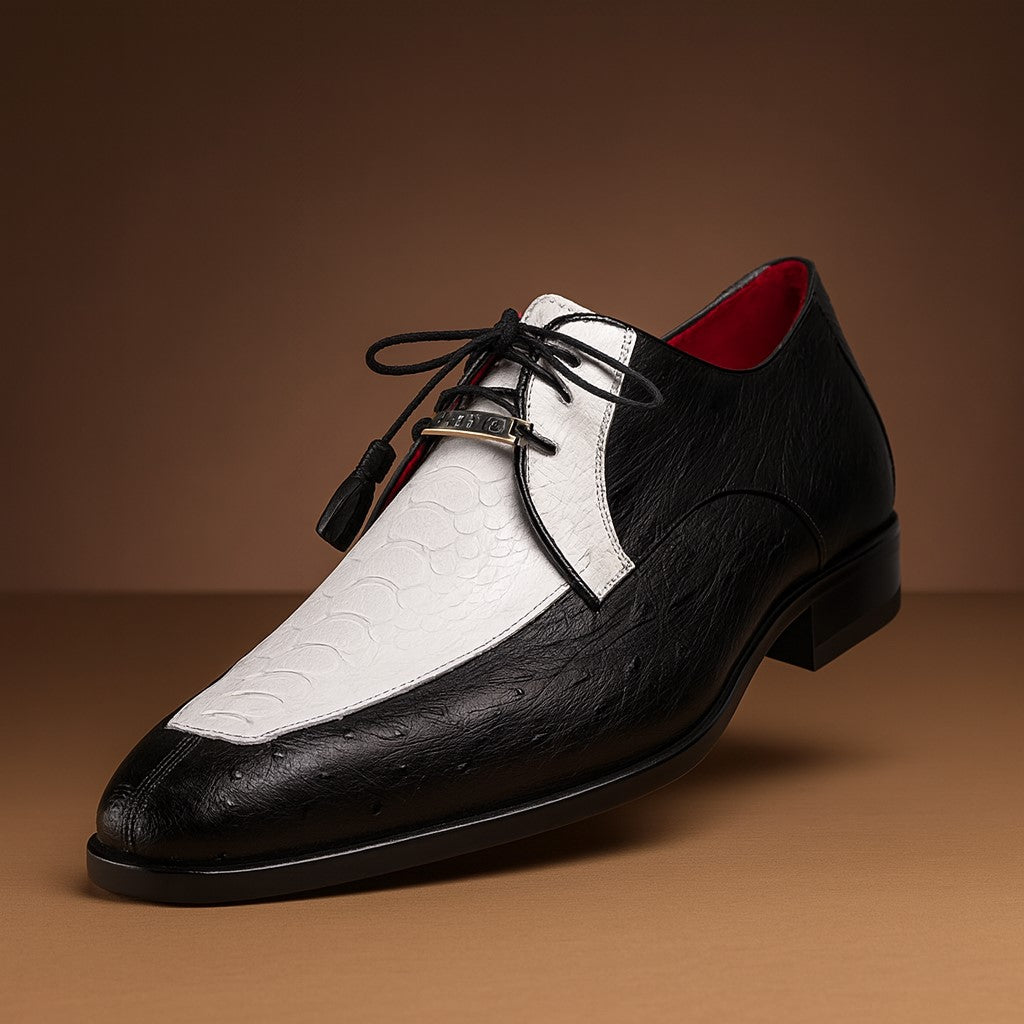 Marco Di Milano Andretti Black/White Ostrich Leg Shoes 7 ANDRETTI_OSTRICH-OSTRICH LEG_BLACK/WHITE_8  - from alligatorwarehouse.com