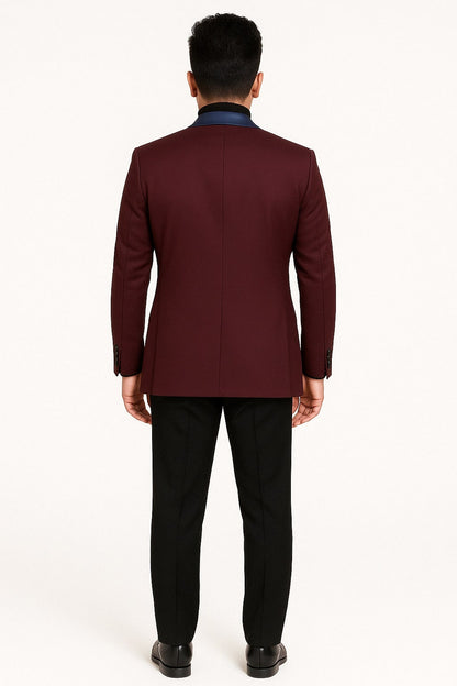Mens Maroon Tuxedo Jacket with Blue Satin Shawl Lapel – Slim Fit Formal Blazer in Burgundy and Navy Blue