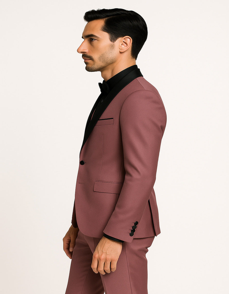 Men's Mauve Pink Tuxedo Suit ƒ?? 3-Piece Slim Fit with Black Satin Shawl Lapel