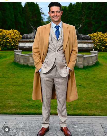 Great Gatsby Package -  Mens Camel Overcoat with Beige Tweed 3-Piece Suit Combo 4 Items Formal Winter Outfit