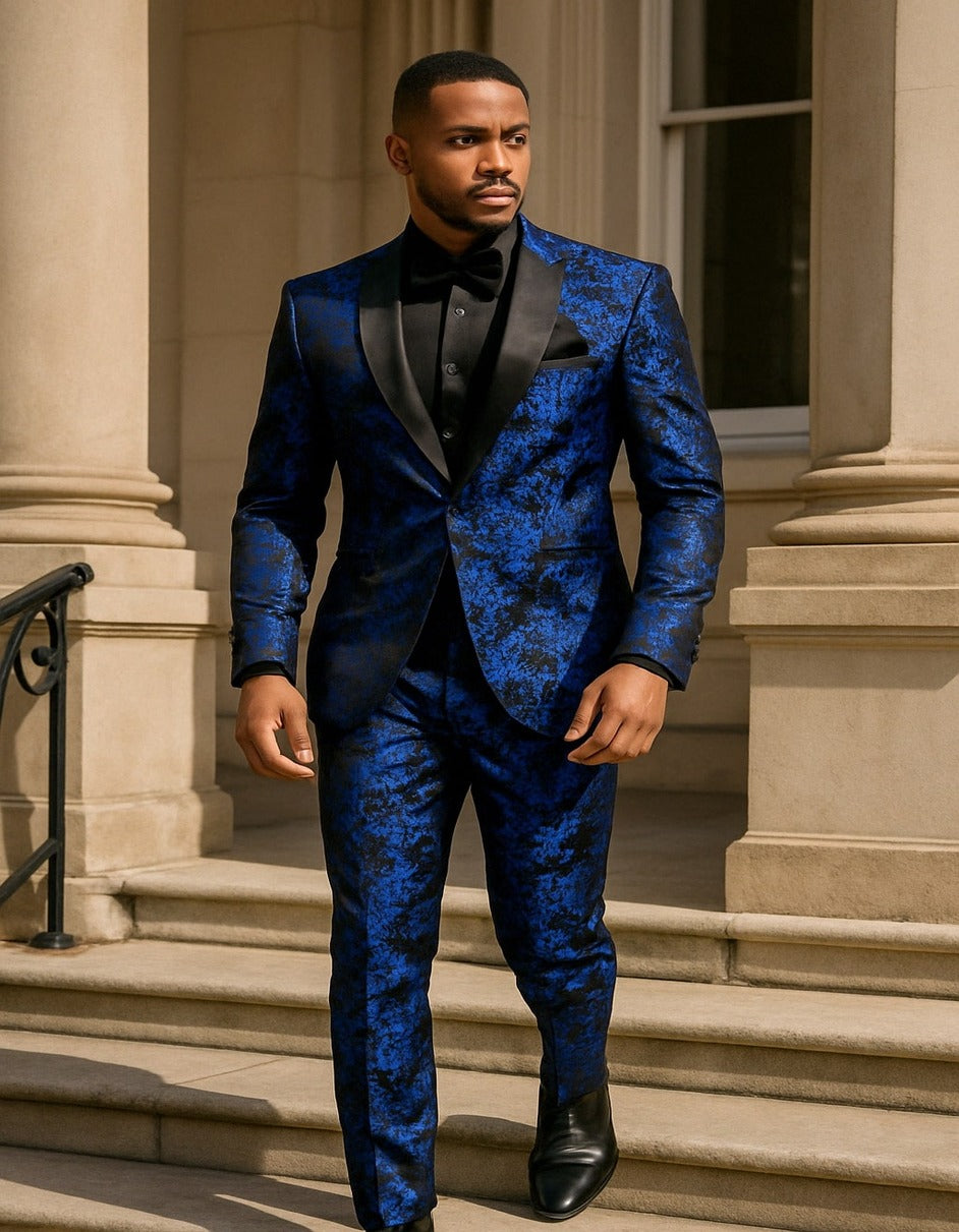 Menƒ??s Royal Blue and Black Floral Tuxedo Suit ƒ?? Slim Fit 2 Piece Formal Outfit with Matching Bow Tie