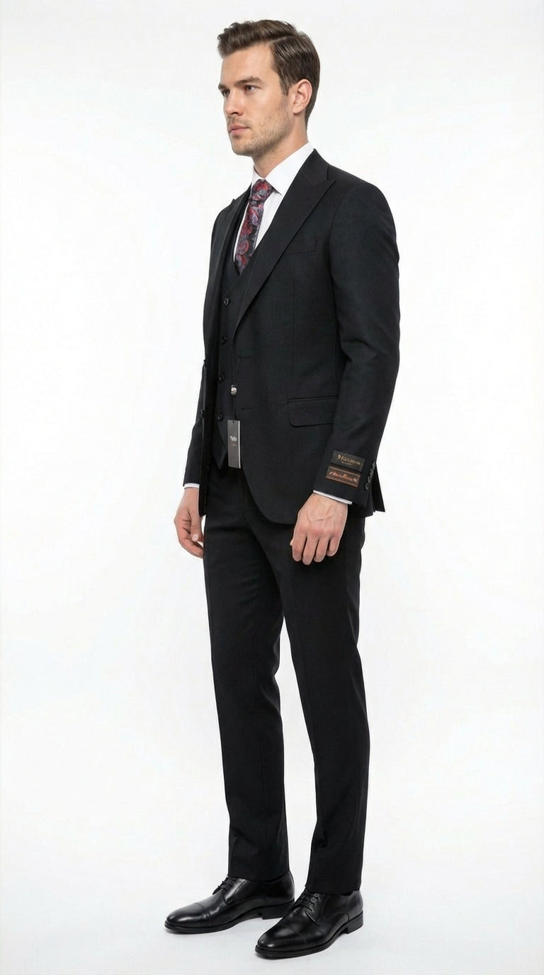 Tiglio Men’s Black 3 Pieacce Suit – Classic Formal Business Suit with Vest for Wedding and Special Occasion