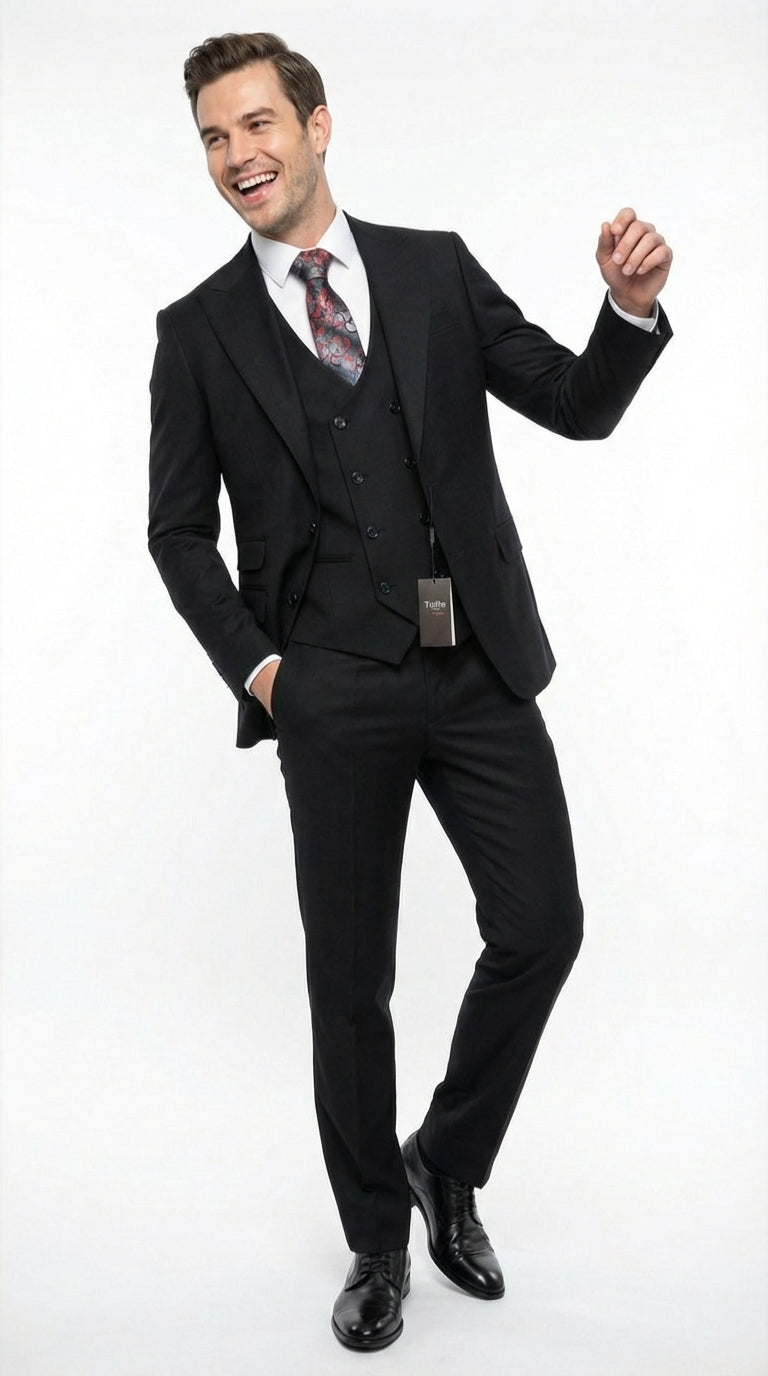Tiglio Men’s Black 3 Pieacce Suit – Classic Formal Business Suit with Vest for Wedding and Special Occasion