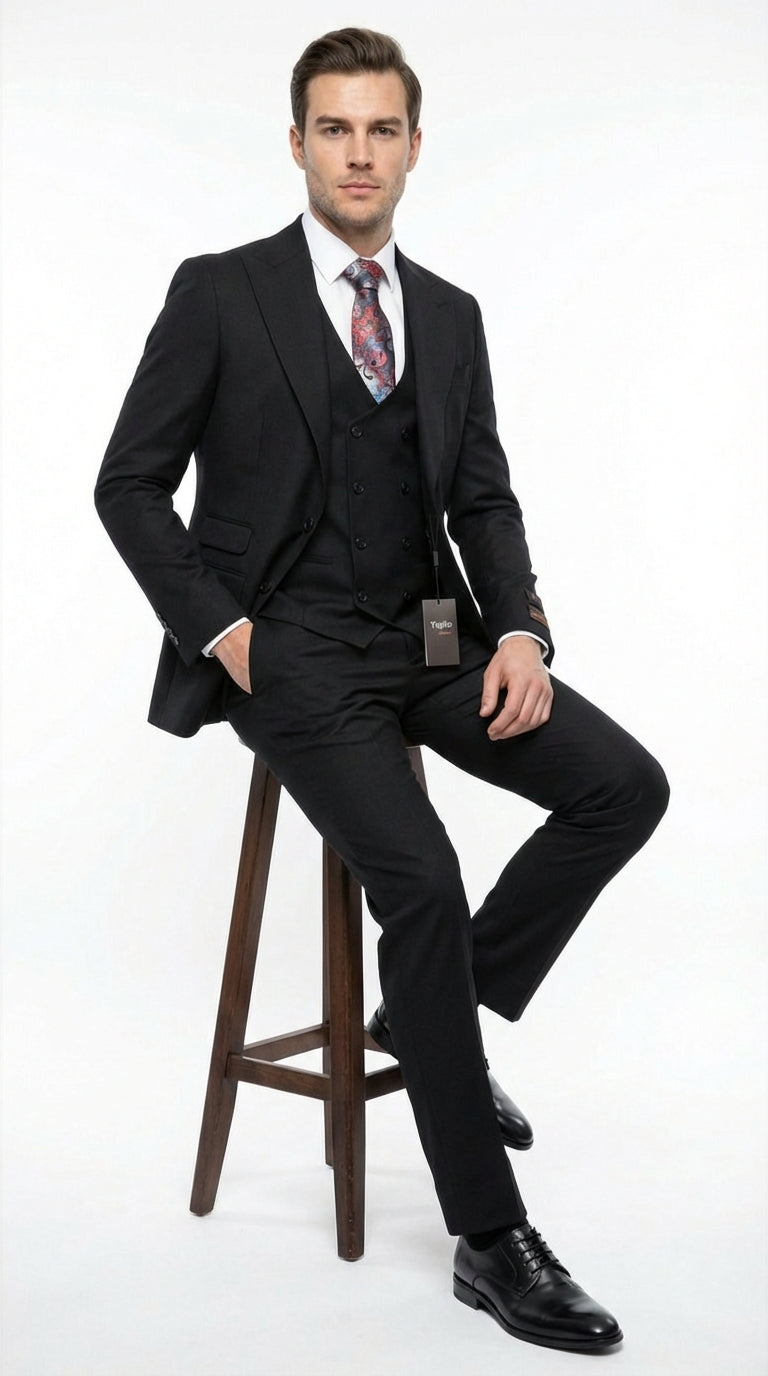 Tiglio Men’s Black 3 Pieacce Suit – Classic Formal Business Suit with Vest for Wedding and Special Occasion