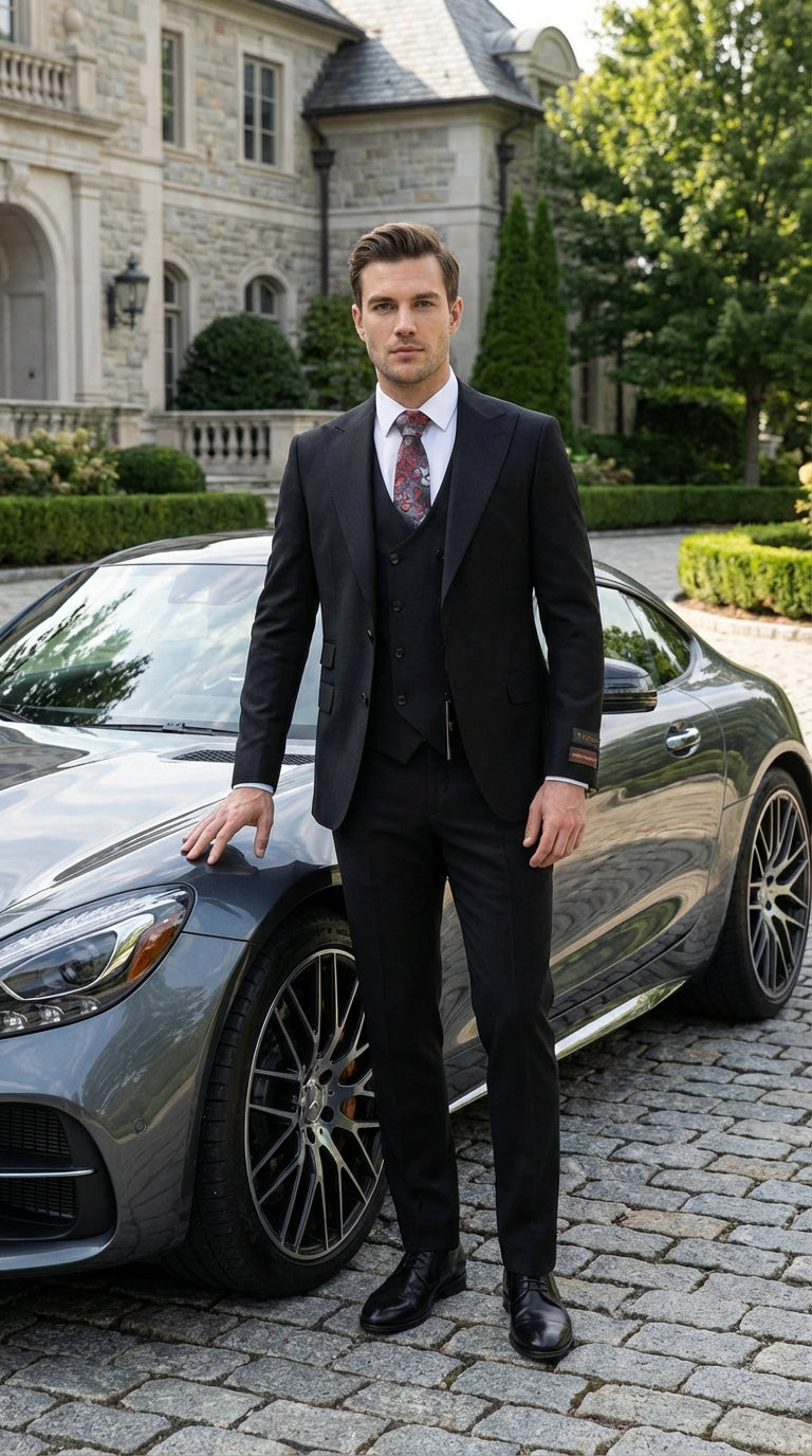 Tiglio Men’s Black 3 Pieacce Suit – Classic Formal Business Suit with Vest for Wedding and Special Occasion