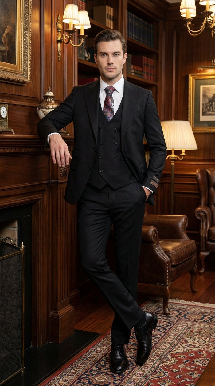 Tiglio Men’s Black 3 Pieacce Suit – Classic Formal Business Suit with Vest for Wedding and Special Occasion