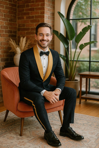 Men's Black and Gold Shawl Lapel Tuxedo with Jacquard Texture – Wedding & Prom Suit 1   - from alligatorwarehouse.com