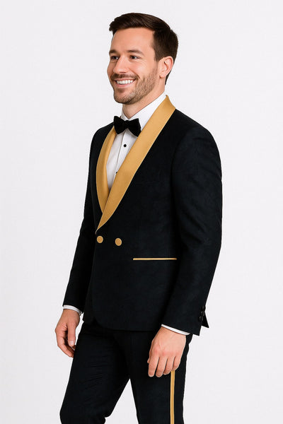 Men's Black and Gold Shawl Lapel Tuxedo with Jacquard Texture – Wedding & Prom Suit 2   - from alligatorwarehouse.com