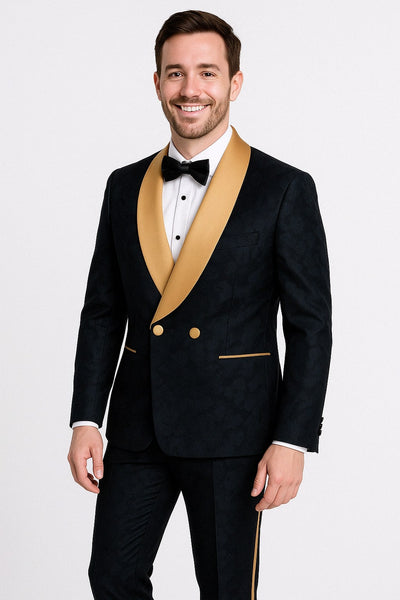 Men's Black and Gold Shawl Lapel Tuxedo with Jacquard Texture – Wedding & Prom Suit 3   - from alligatorwarehouse.com