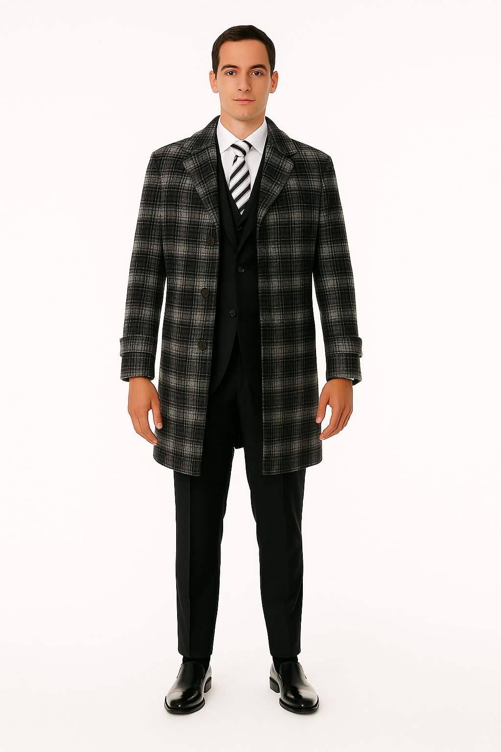 Men's Black and White Windowpane Plaid Overcoat – Classic Full Length Wool Blend Dress Coat