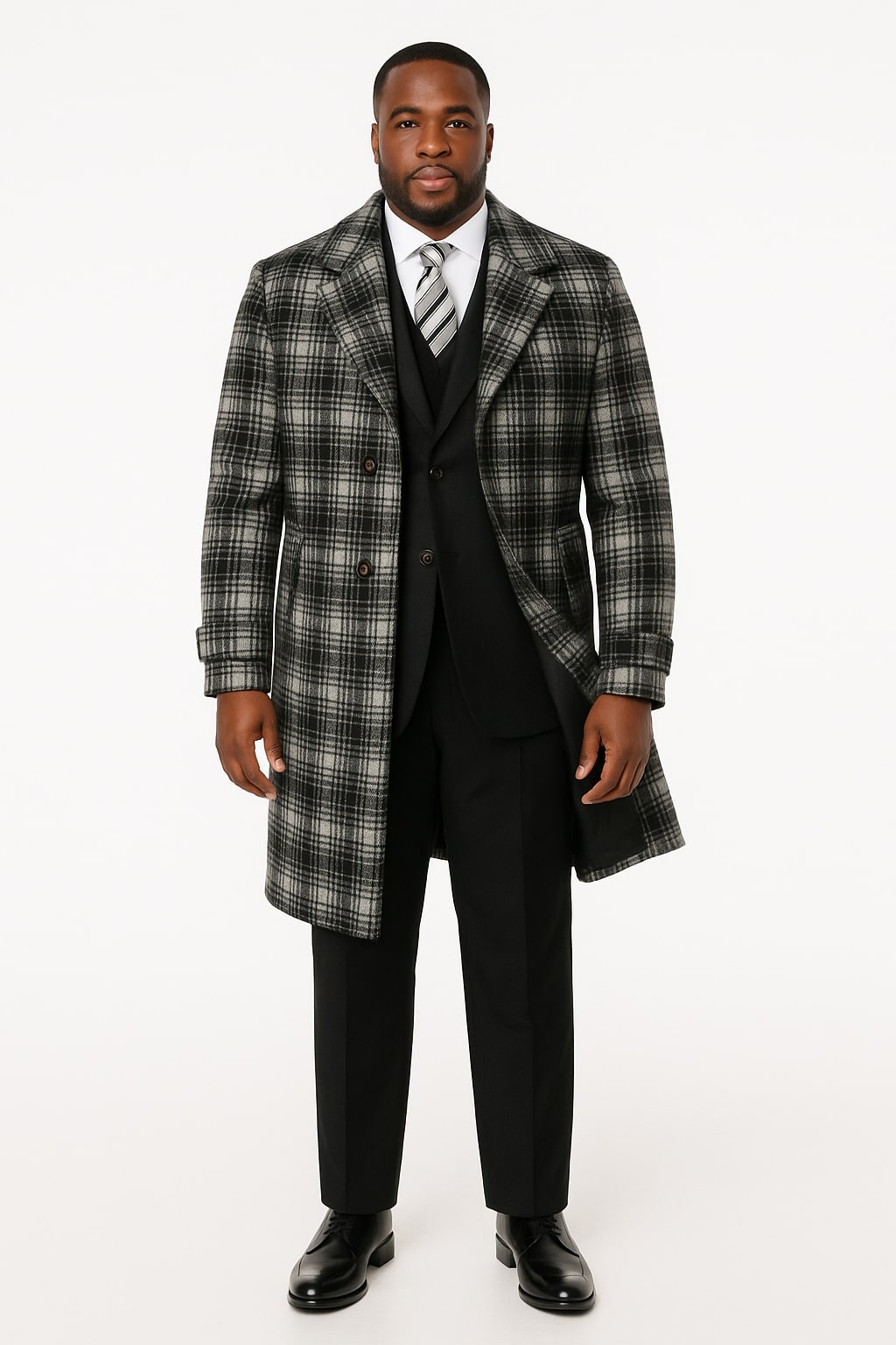 Men's Black and White Windowpane Plaid Overcoat – Classic Full Length Wool Blend Dress Coat