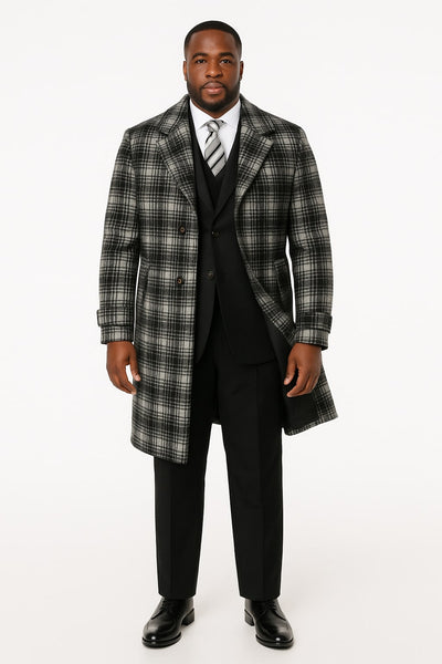 Men's Black and White Windowpane Plaid Overcoat – Classic Full Length Wool Blend Dress Coat 4   - from alligatorwarehouse.com