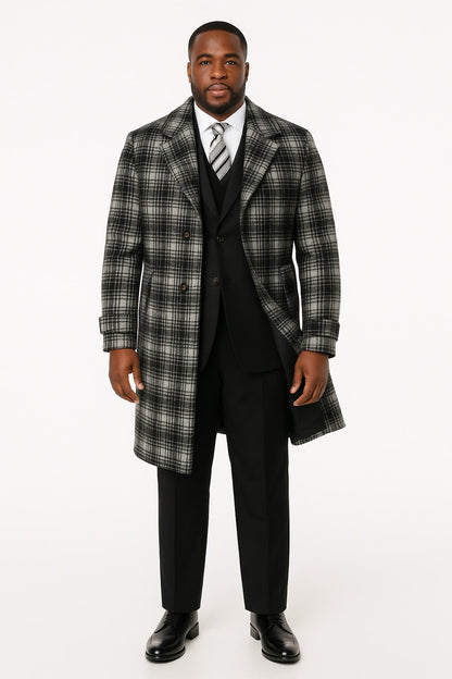 Men's Black and White Windowpane Plaid Overcoat – Classic Full Length Wool Blend Dress Coat