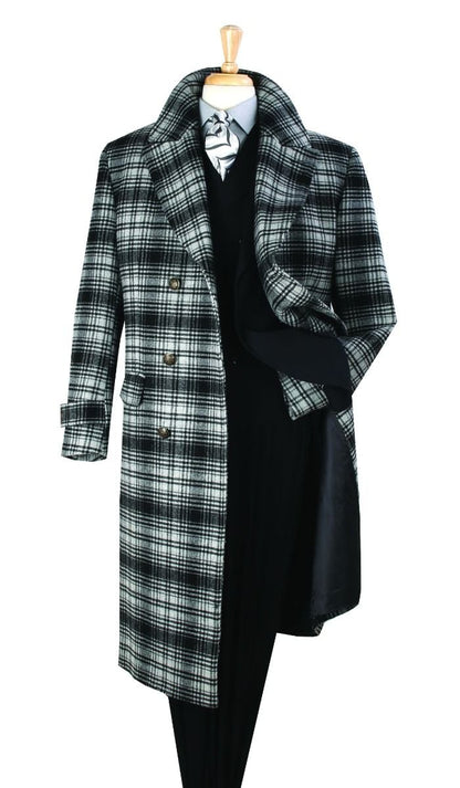 Men's Black and White Windowpane Plaid Overcoat – Classic Full Length Wool Blend Dress Coat