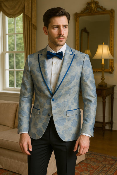 Men's Blue and Gray Tuxedo - Sky Blue Paisley Embroidered Dinner Jacket  Jacket with Satin Trim and Matching Bow Tie 1   - from alligatorwarehouse.com