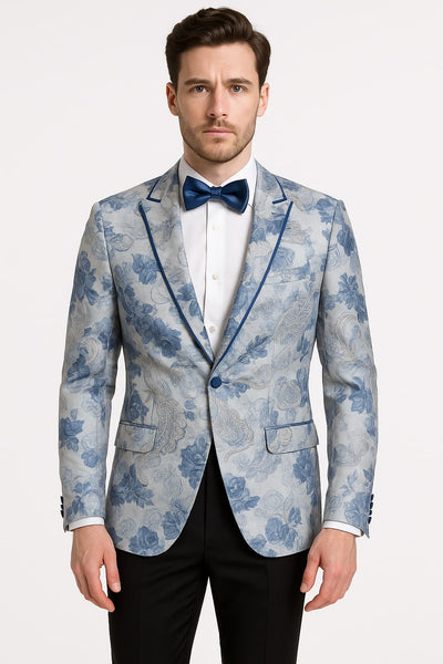 Men's Blue and Gray Tuxedo - Sky Blue Paisley Embroidered Dinner Jacket  Jacket with Satin Trim and Matching Bow Tie 2   - from alligatorwarehouse.com