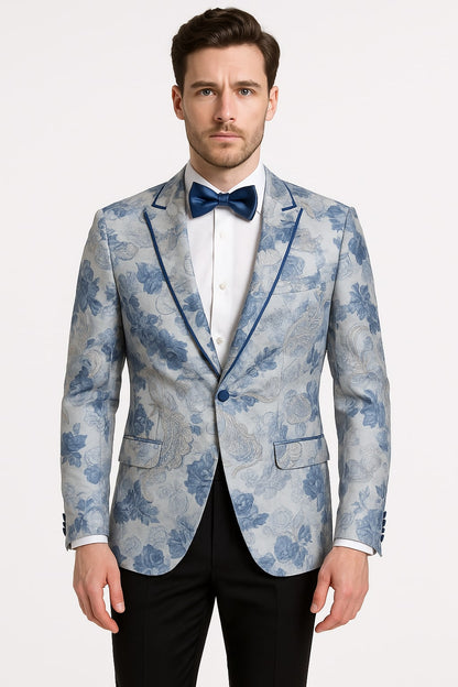 Men's Blue and Gray Tuxedo - Sky Blue Paisley Embroidered Dinner Jacket  Jacket with Satin Trim and Matching Bow Tie