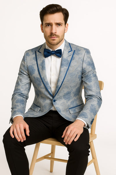 Men's Blue and Gray Tuxedo - Sky Blue Paisley Embroidered Dinner Jacket  Jacket with Satin Trim and Matching Bow Tie 5   - from alligatorwarehouse.com