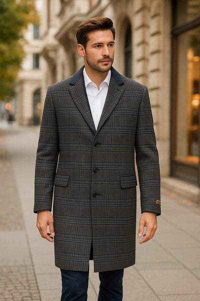 Men’s Blue and Grey Glen Plaid Wool Overcoat – Classic Long Winter Coat - Chesterfield Blue Collar 1   - from alligatorwarehouse.com