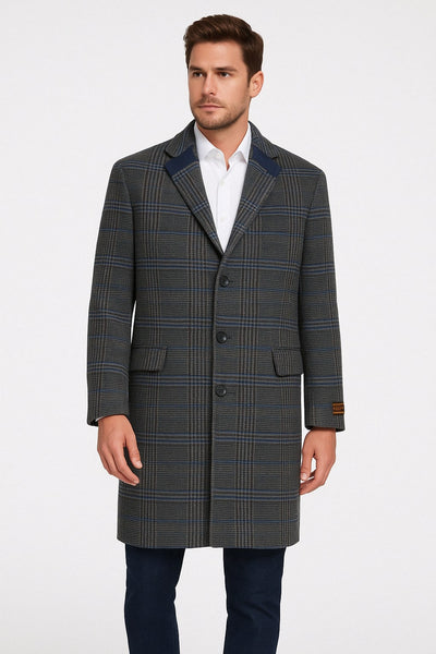Men’s Blue and Grey Glen Plaid Wool Overcoat – Classic Long Winter Coat - Chesterfield Blue Collar 2   - from alligatorwarehouse.com