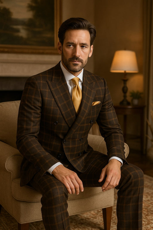 Rossiman Classic Wool Suit – Brown Windowpane Plaid Double-Breasted Formalwear