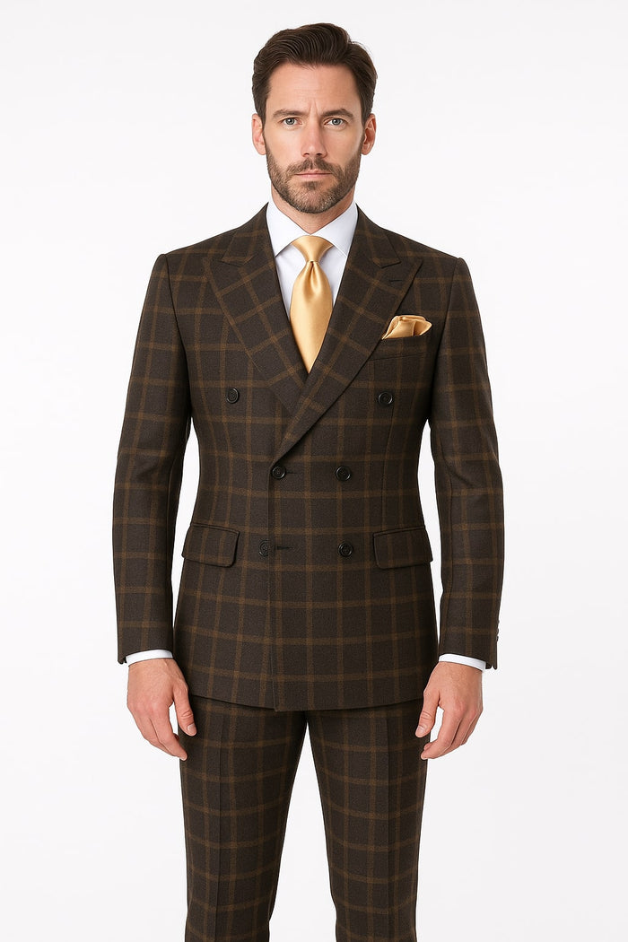 Men's Brown Plaid Double-Breasted Wool Suit ƒ?? Classic Windowpane Two-Piece Formal Suit By Rossiman