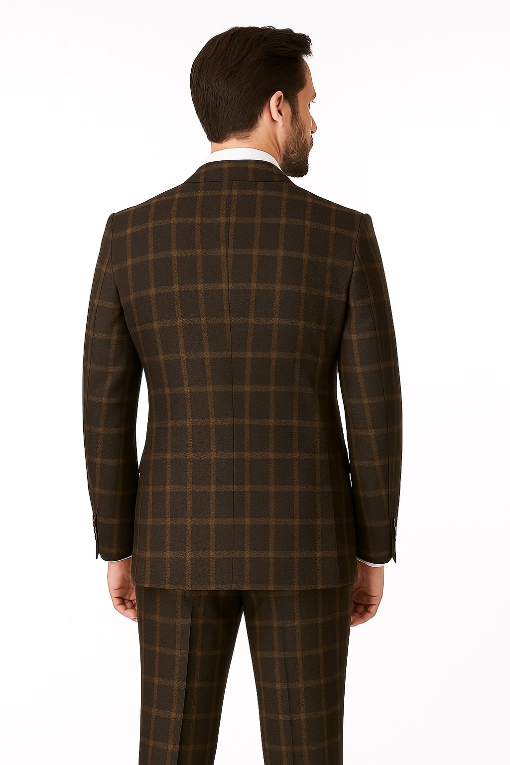 Men's Brown Plaid Double-Breasted Wool Suit ƒ?? Classic Windowpane Two-Piece Formal Suit By Rossiman