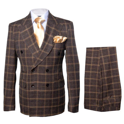 Men's Brown Plaid Double-Breasted Wool Suit ƒ?? Classic Windowpane Two-Piece Formal Suit By Rossiman 4   - from alligatorwarehouse.com