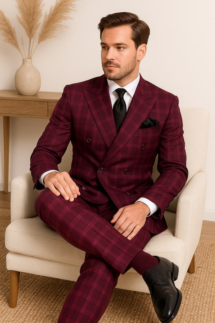 Men's Burgundy Plaid Double-Breasted Suit Classic Windowpane Formal Two-Piece Suit By Rossiman