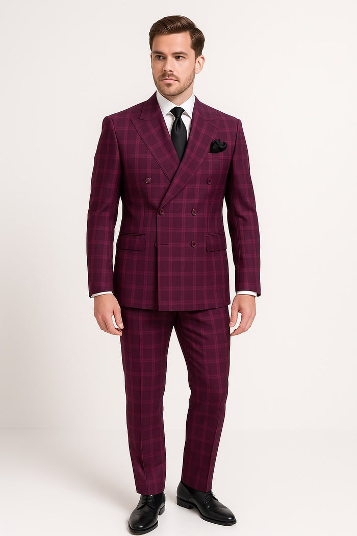 Men's Burgundy Plaid Double-Breasted Suit Classic Windowpane Formal Two-Piece Suit By Rossiman