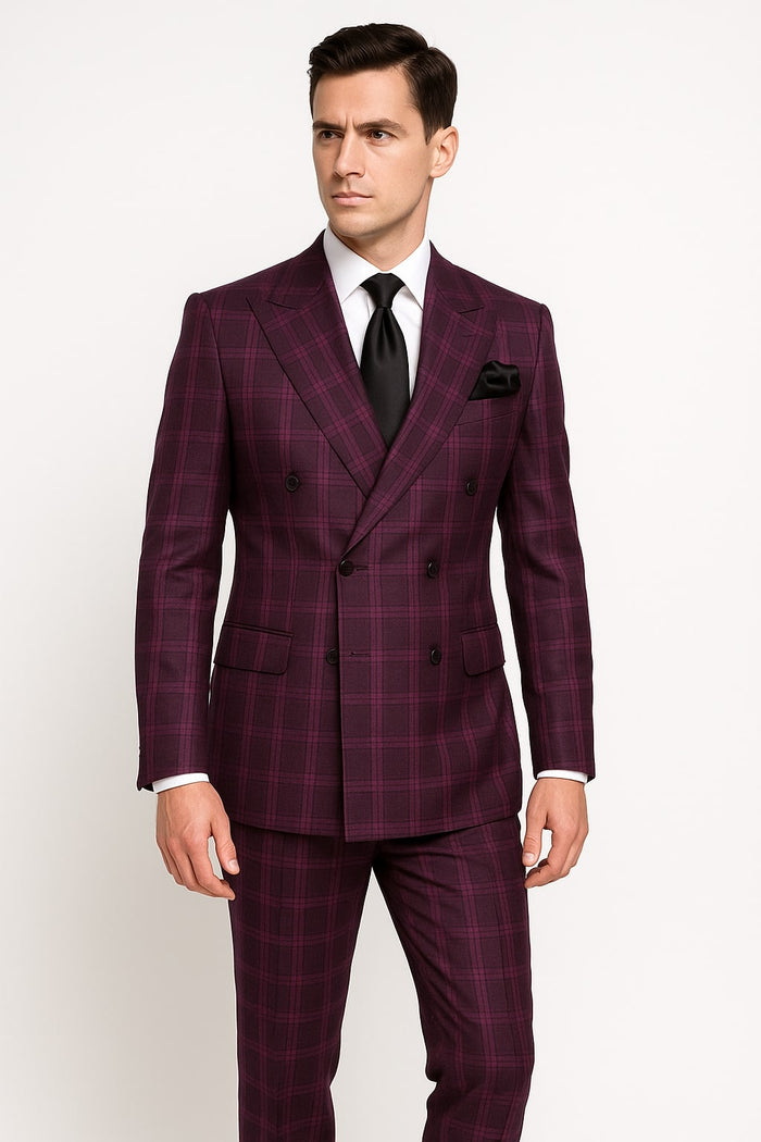 Men's Burgundy Plaid Double-Breasted Suit Classic Windowpane Formal Two-Piece Suit By Rossiman