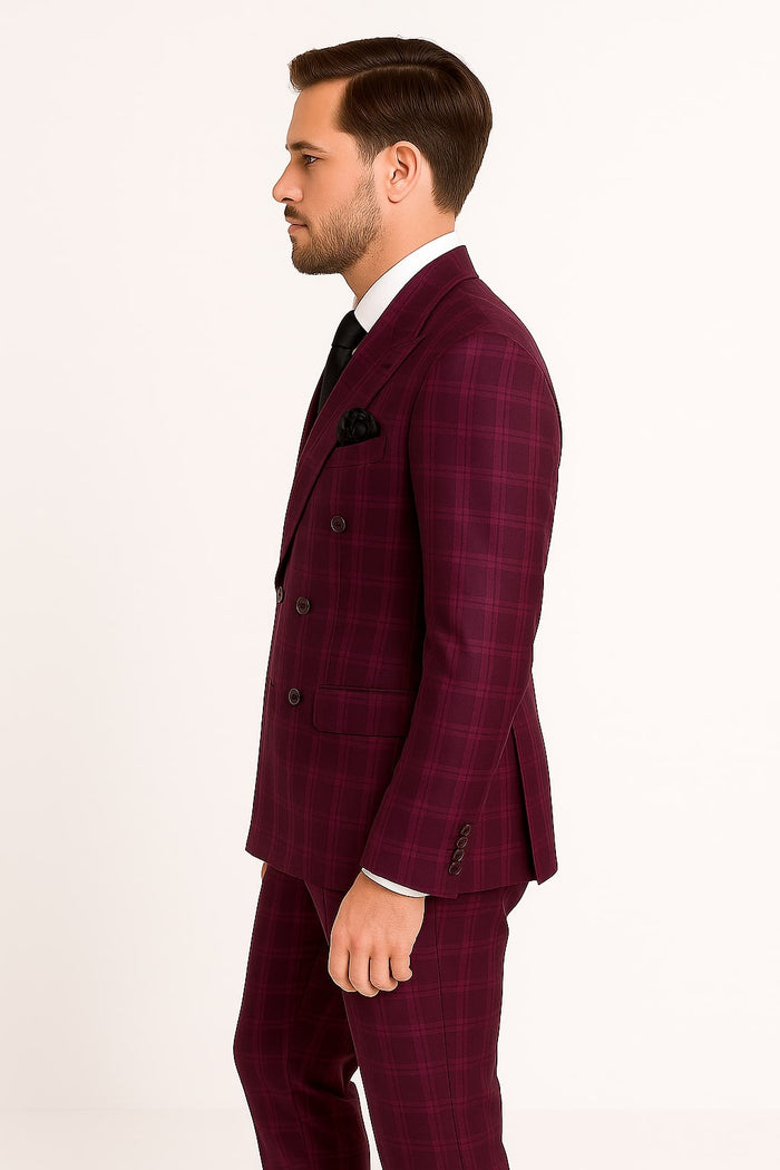 Men's Burgundy Plaid Double-Breasted Suit Classic Windowpane Formal Two-Piece Suit By Rossiman