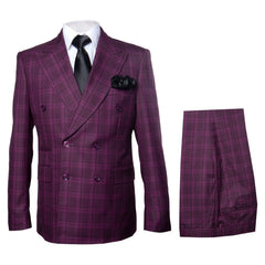 Burgundy Plaid Suit for Men – Rossiman Double-Breasted Windowpane Two-Piece