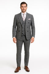 Menƒ??s Gray Checkered 3 Piece Double-Breasted Suit ƒ?? Slim Fit Formal Outfit - Vested Glend Plaid Pattern Checkered
