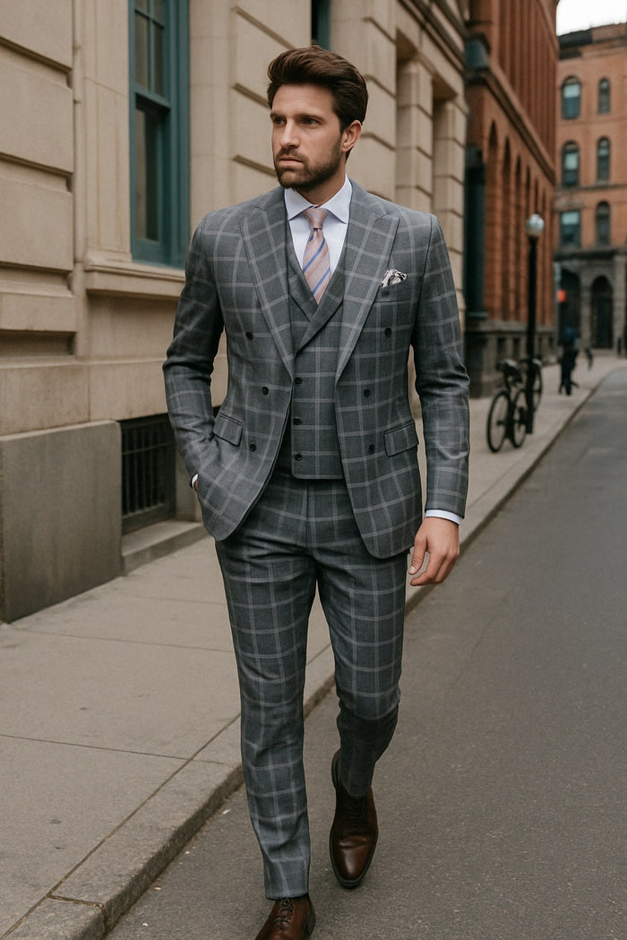 Menƒ??s Gray Checkered 3 Piece Double-Breasted Suit ƒ?? Slim Fit Formal Outfit - Vested Glend Plaid Pattern Checkered