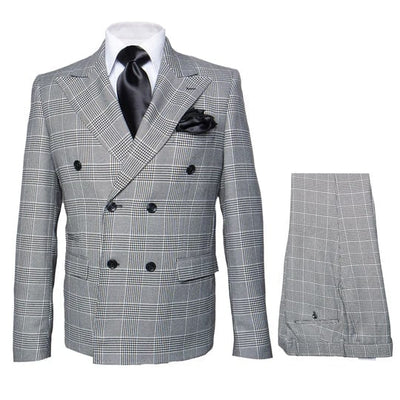 Men's Grey Glen Plaid Double-Breasted Suit ƒ?? Classic Prince of Wales Check Two-Piece Set By Rossiman 1   - from alligatorwarehouse.com