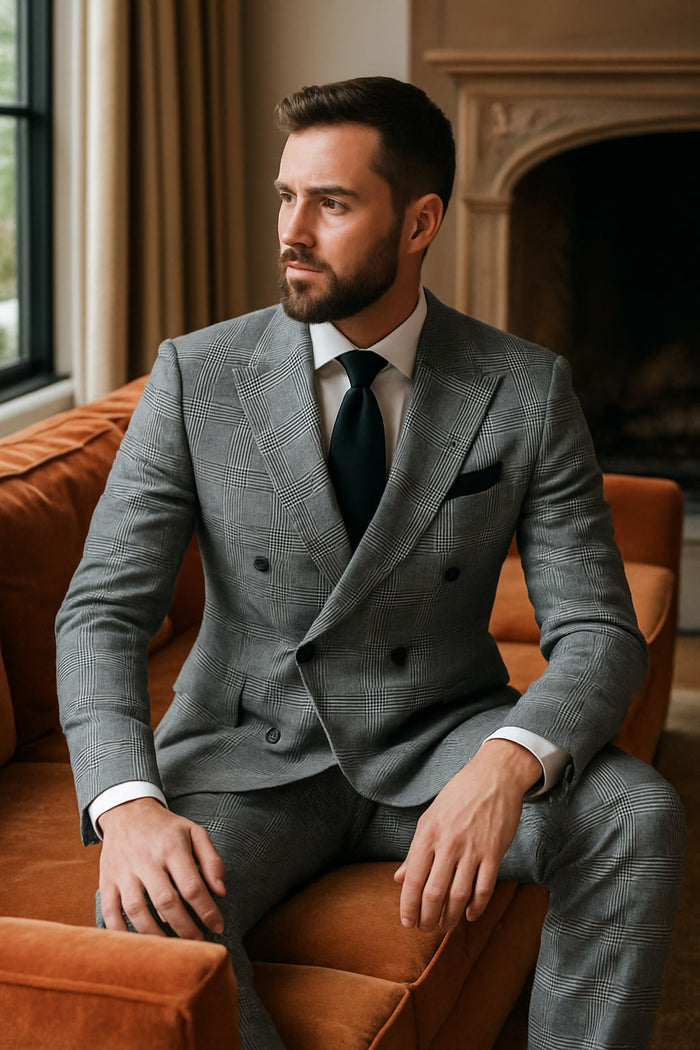 Men's Grey Glen Plaid Double-Breasted Suit ƒ?? Classic Prince of Wales Check Two-Piece Set By Rossiman